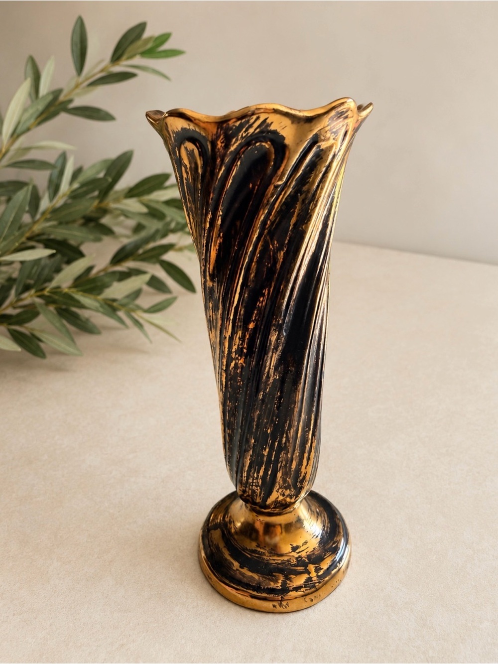 Vintage Stangl Black Gold #1905 Hand-Painted 22KT Gold Pedestal Vase